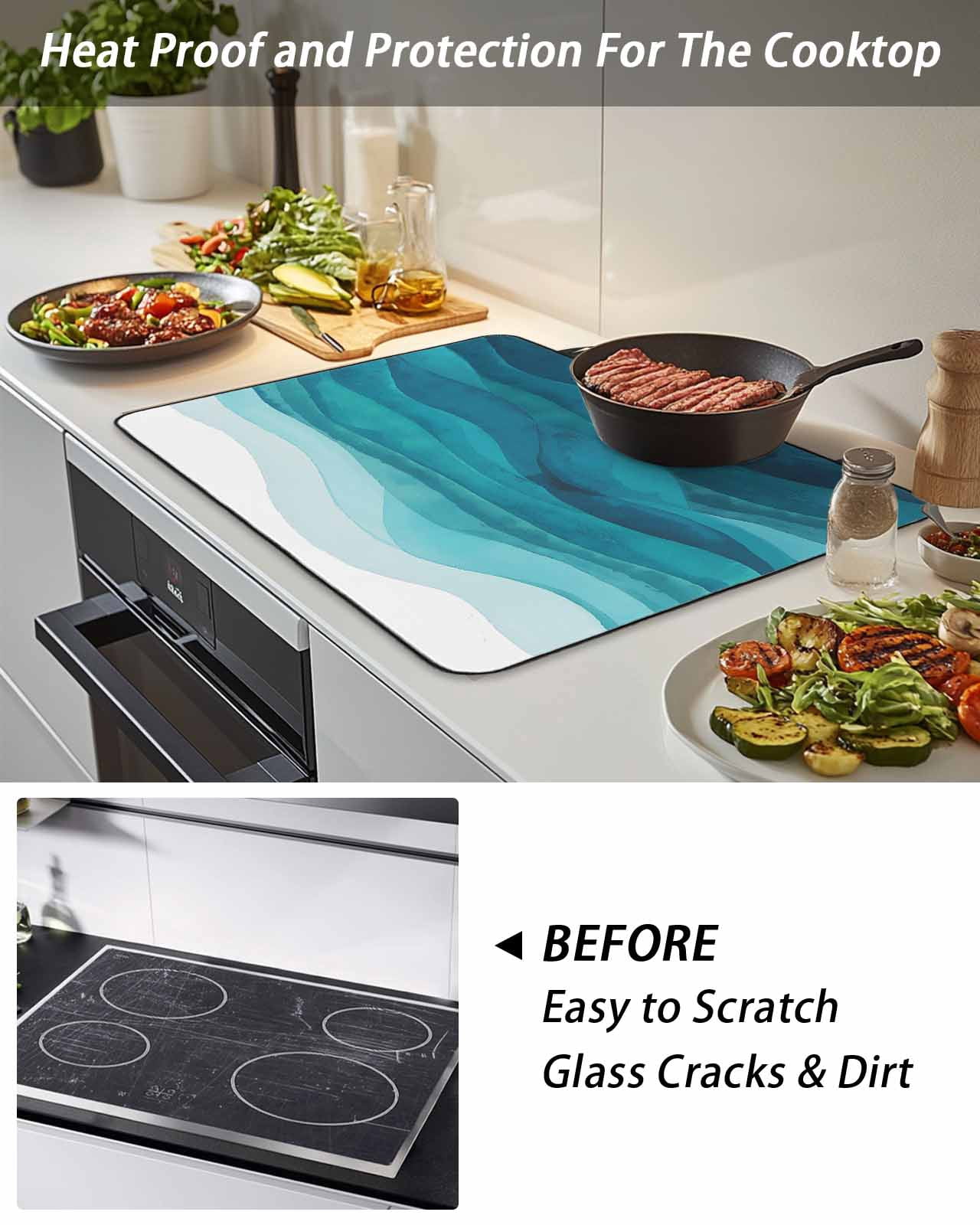 Stove Top Covers for Electric Stove, Teal Turquoise Waves Glass Stovetop Cover Protector, Ombre Coastal Ocean Water Abstract Induction Cooktop Protector Oven Mat for Kitchen Countertop 28.5"x20.5"