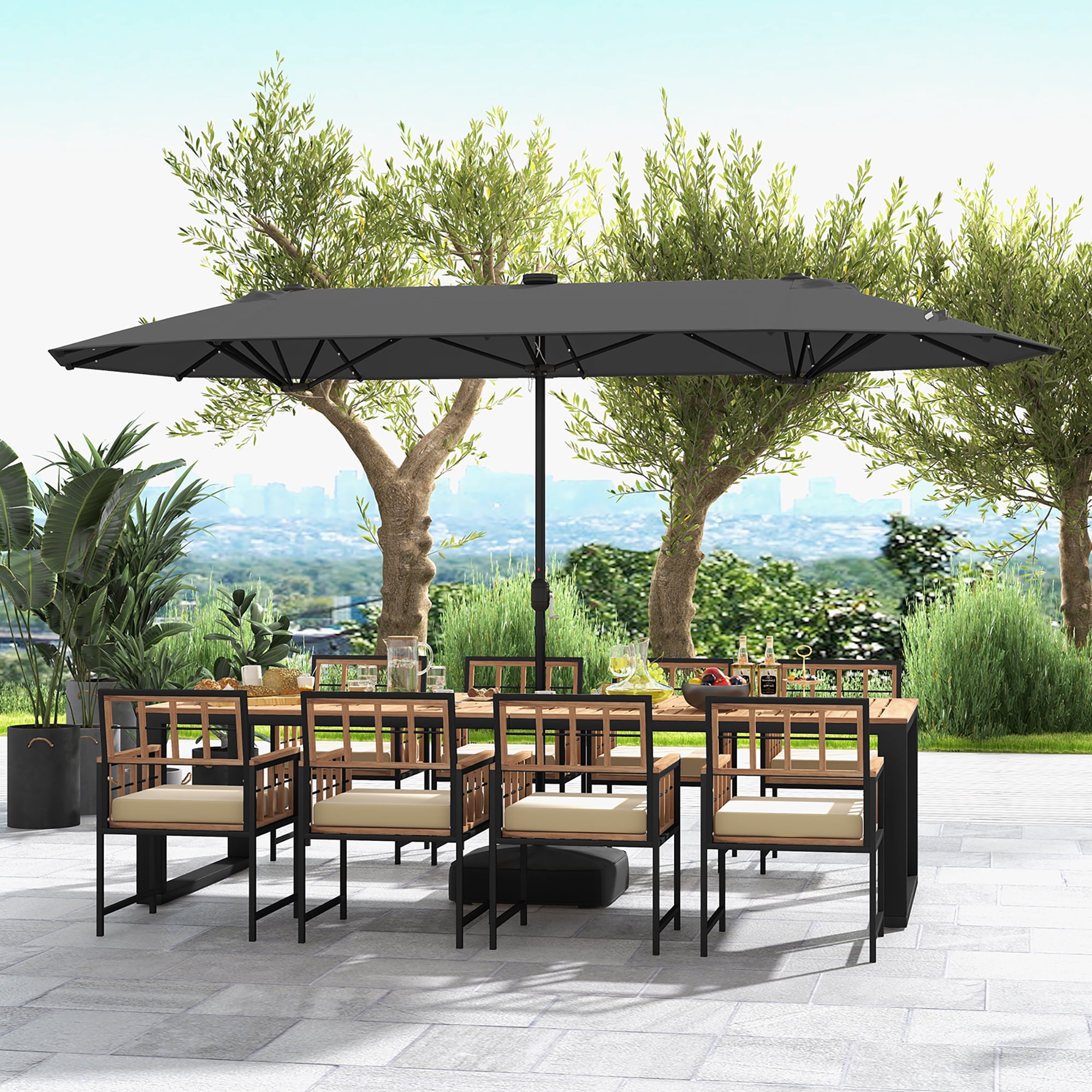Gymax 13FT Double-sided Patio Umbrella w/ Solar Lights Crank Handle Umbrella Base Grey