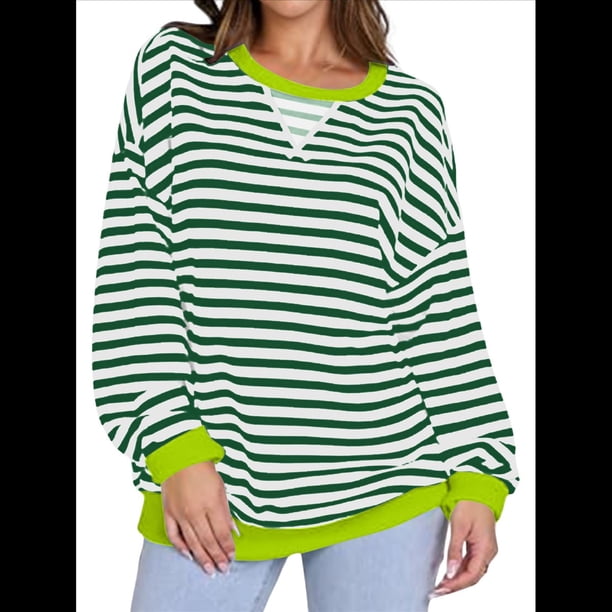 Sudaderas A Rayas para Mujer, Camisetas de Larga con Cuello Redondo de Gran Tamaño, Jersey Y2K, Ropa de Moda de Otoño Verde S