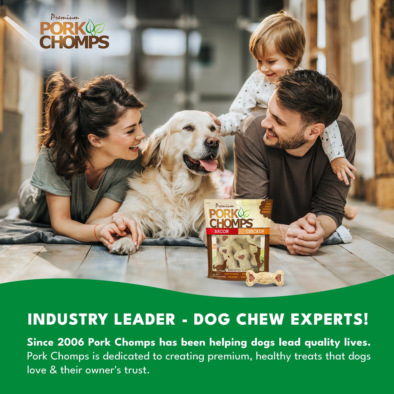 Pork Chomps Premium Dog Treats, Crunchy, Bacon and Chicken Flavor, 4 in, 12 ct