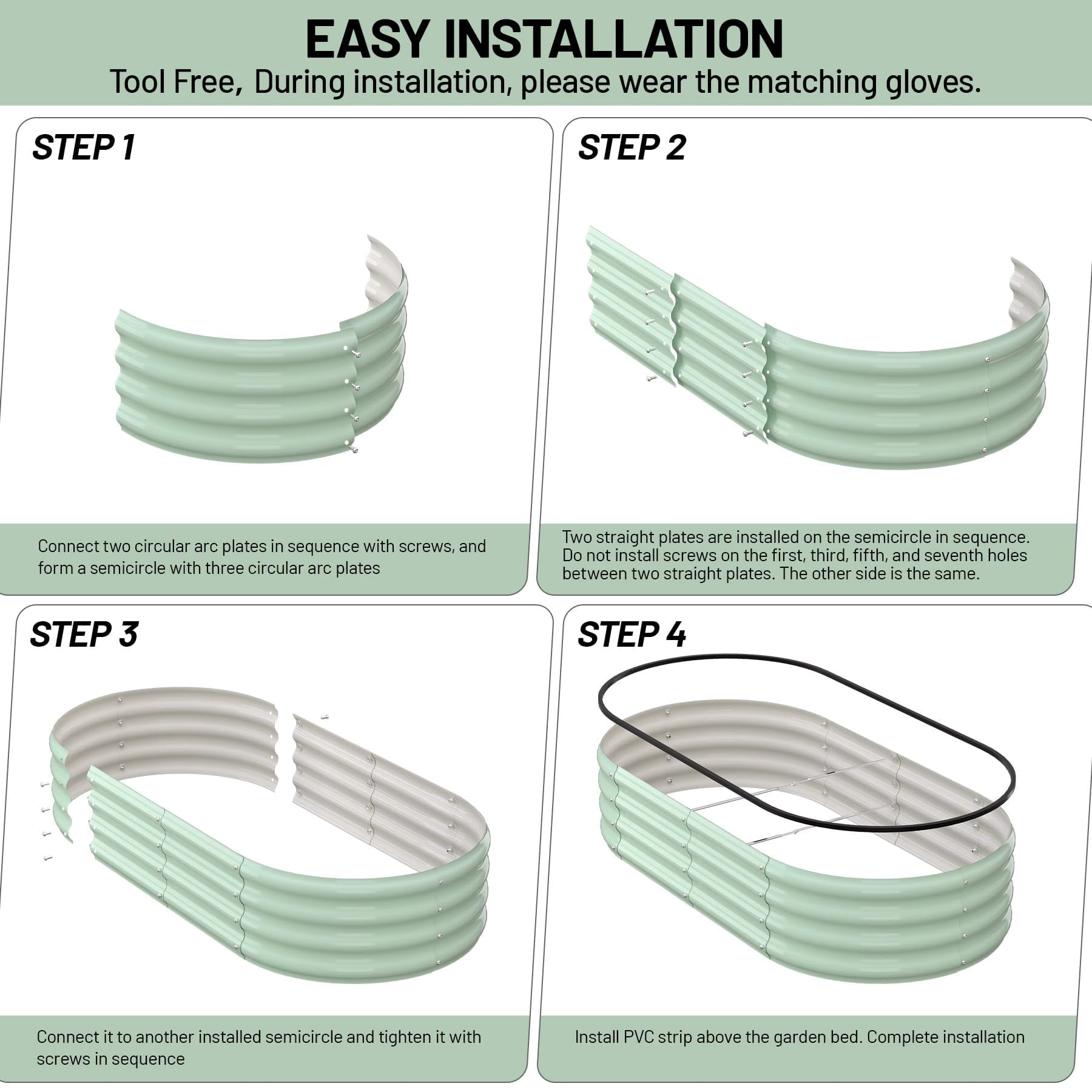 2 Pcs Galvanized Raised Garden Bed, Raised Garden Beds Outdoor, Oval Planter Raised Beds with Gloves and Rubber Edge Trim for Vegetables, Flowers and Herbs, 4x2x1 FT, Green