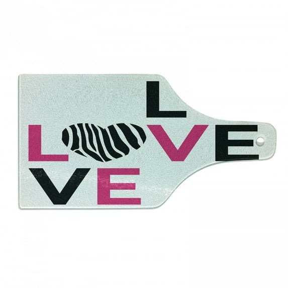 Pink Zebra Cutting Board, I Love You Calligraphy Zebra Stripes Hearts Valentines Illustration, Tempered Glass Cutting and Serving Board, Wine Bottle Shape, Pink Black and White, by Ambesonne