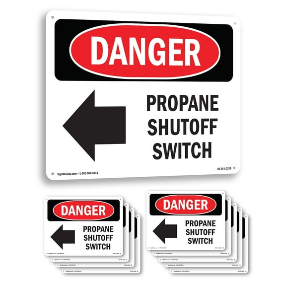 Propane Shutoff Switch [Left Arrow] OSHA Danger Rigid Plastic Sign 10 Inch x 7 Inch - 10 Pack