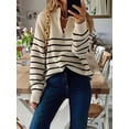 thumbnail image 5 of Women Fall Winter Half Zip Striped Pullover Sweaters Trendy V Neck Oversized Long Sleeve Knit Clothes Cream White M, 5 of 7