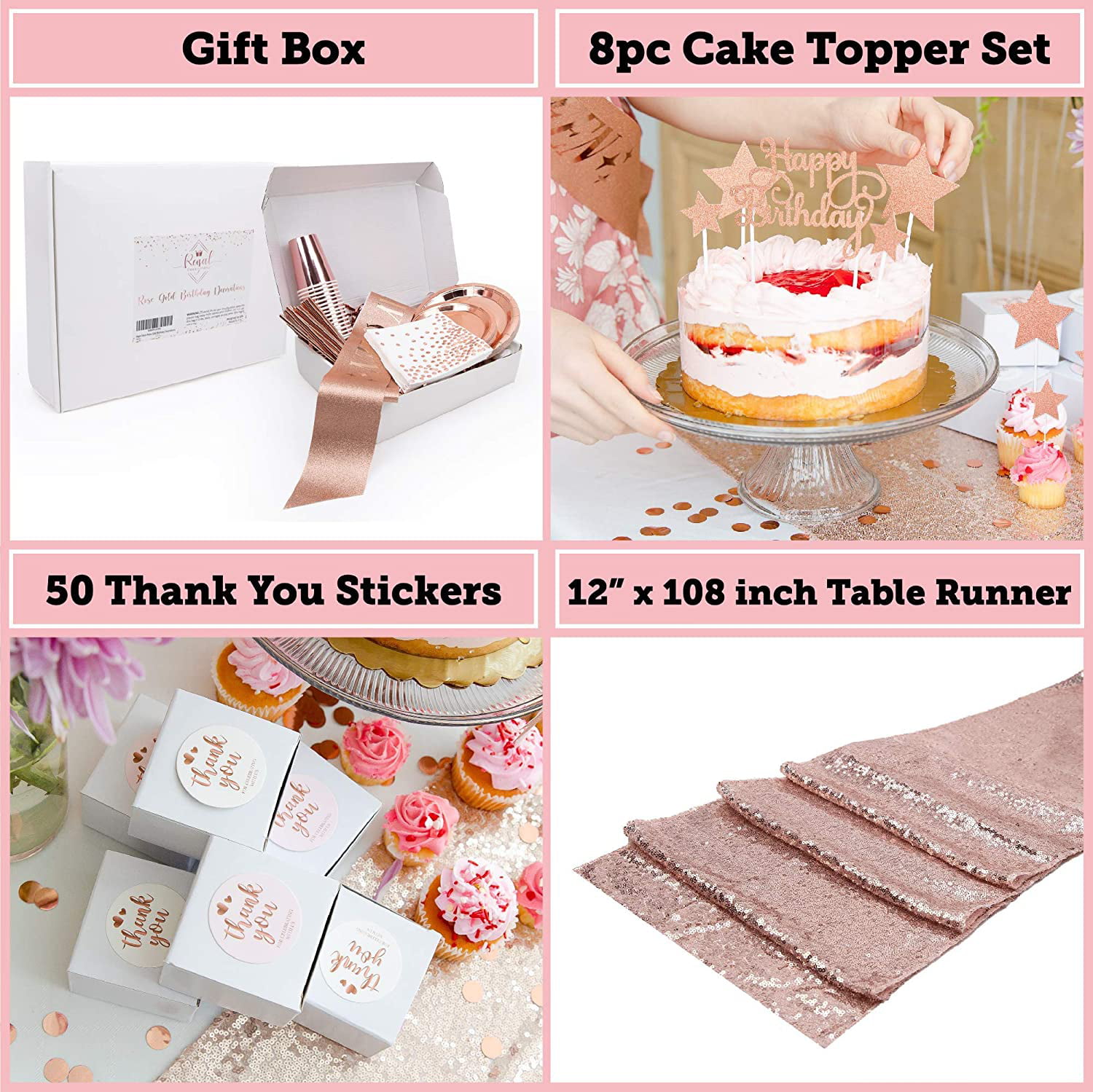 Sash Tiara Cake Topper Plates Cups Napkins Straws for 25 Guest & More Happy Birthday Banners Teens 225 PC Rose Gold Birthday Party Decorations Kit for Girls Women Curtains Table Runner Balloons