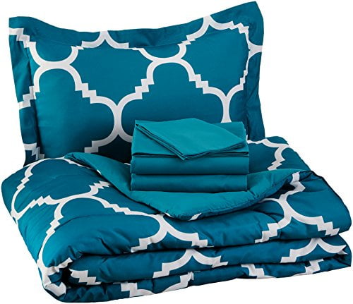 Photo 1 of Basics 5-Piece Light-Weight Microfiber Bed-In-A-Bag Comforter Bedding Set - Twin / Twin XL, Teal Trellis