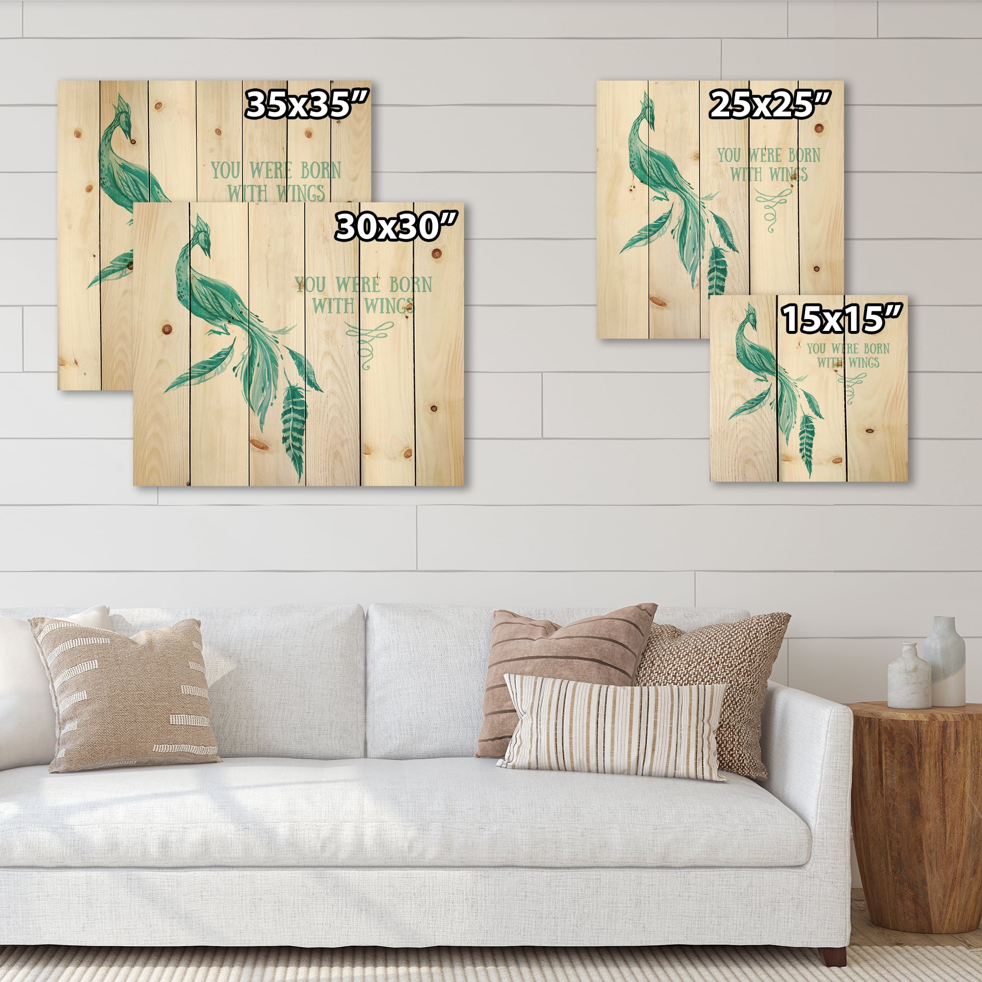 Designart 'Turquoise Bird You Were Born With Wings' Traditional Print on Natural Pine Wood