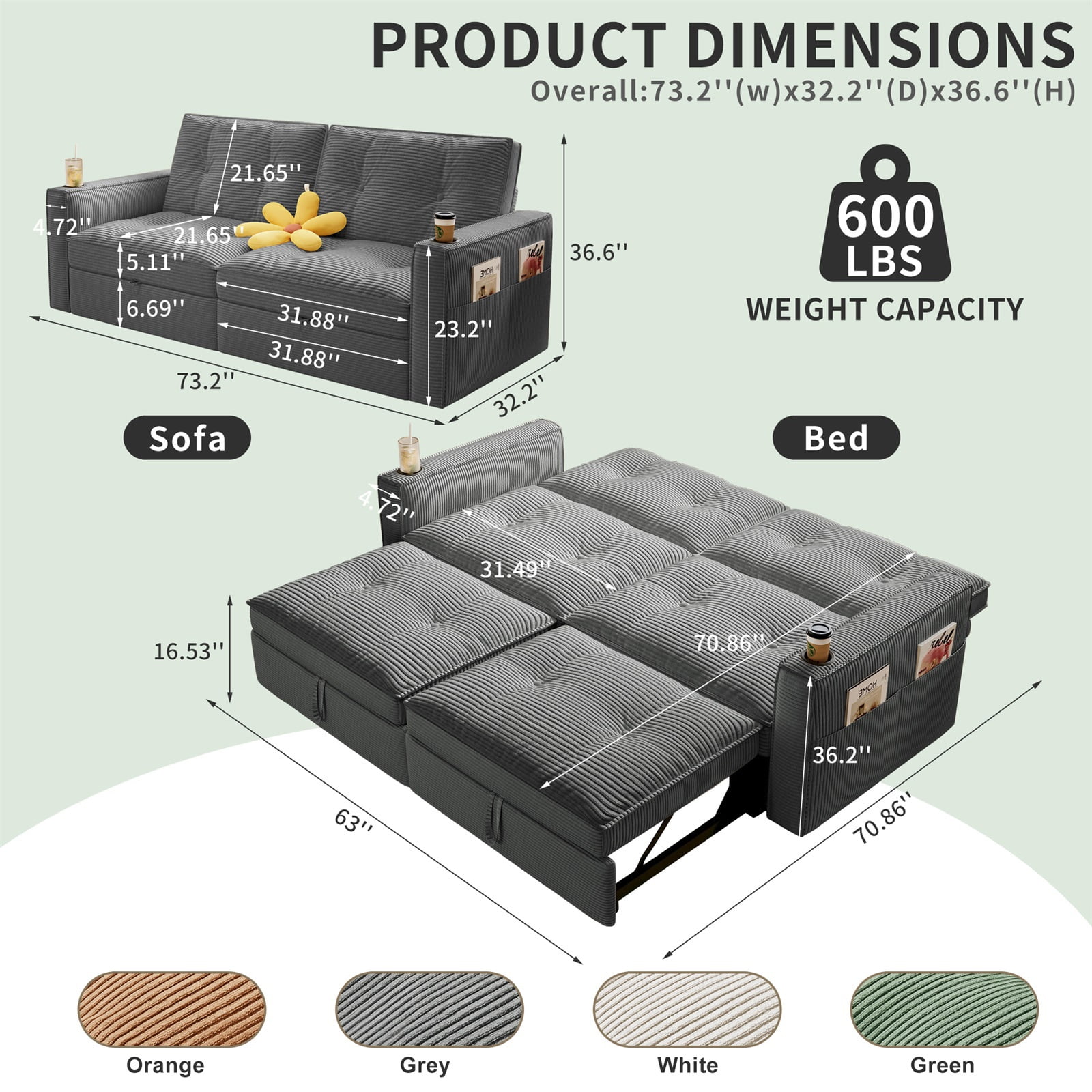 Hommoo 70" Convertible 2-in-1 Pull Out Couch Bed, Multi-Functional Corduroy Loveseat Sleeper Sofa Bed, Gray