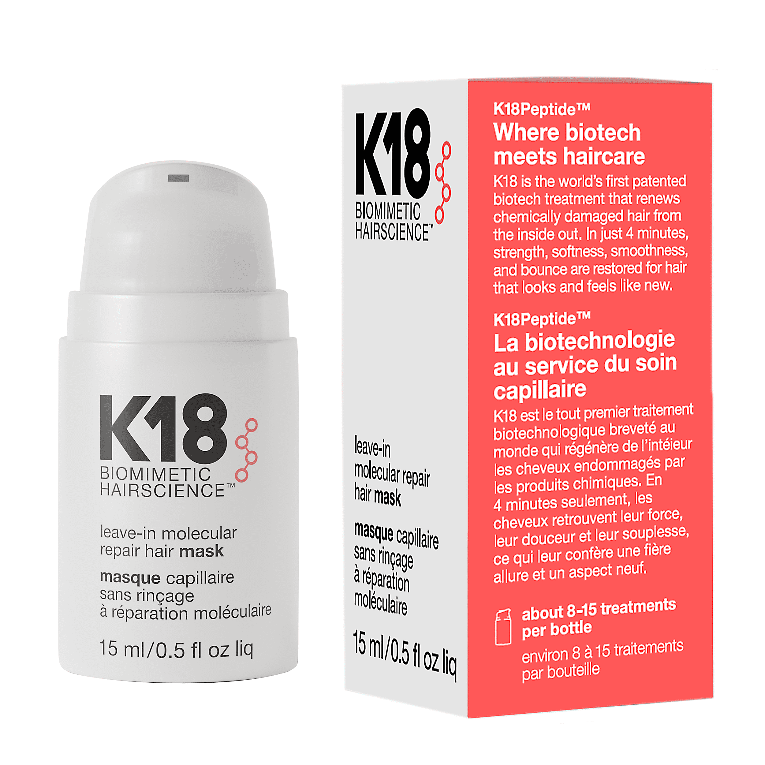 K18 Repair Hair Mask, 4-Minute Treatment, Renews Hair Damage, 15