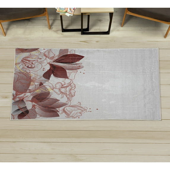 Flower Decorative Rug, Retro Floral Background Hibiscus Silhouettes Dramatic Romantic Nature Art, Quality Carpet for Bedroom Dorm and Living Room, 6 Sizes, Chesnut Brown, by Ambesonne