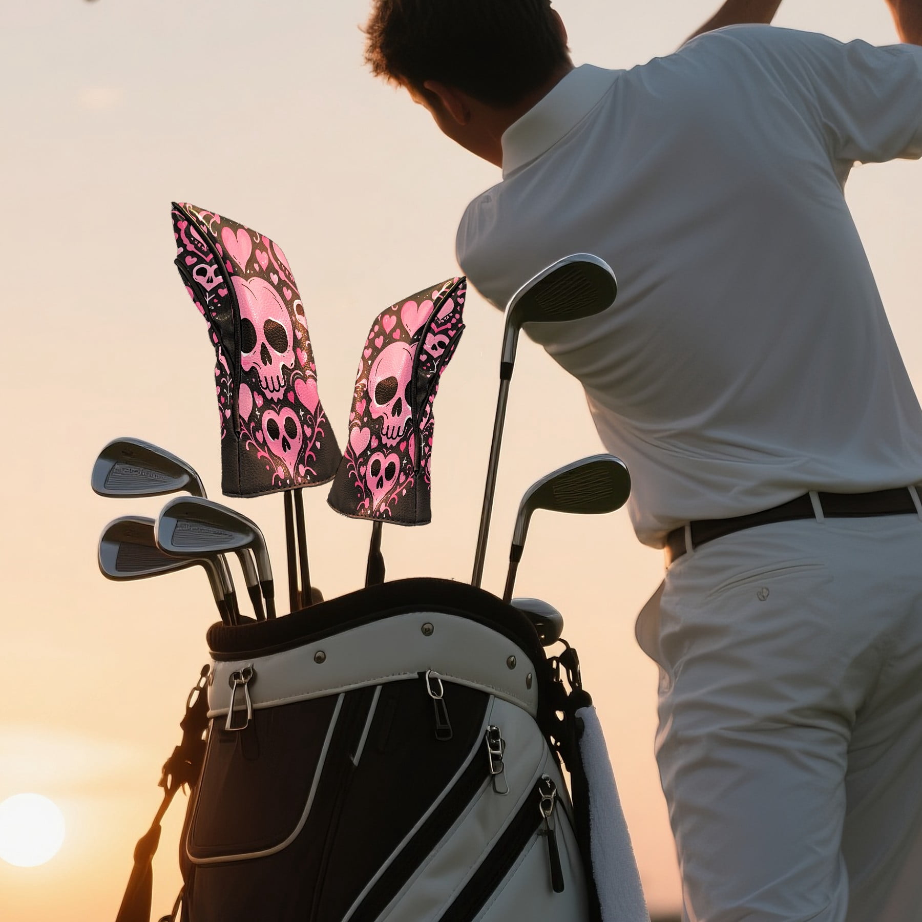 Golf Club Covers, Pink SkullHeart Premium PU Leather Driver Hybrid Putter Head Covers with Velvet Lining, Waterproof Golf Gifts for Men Women