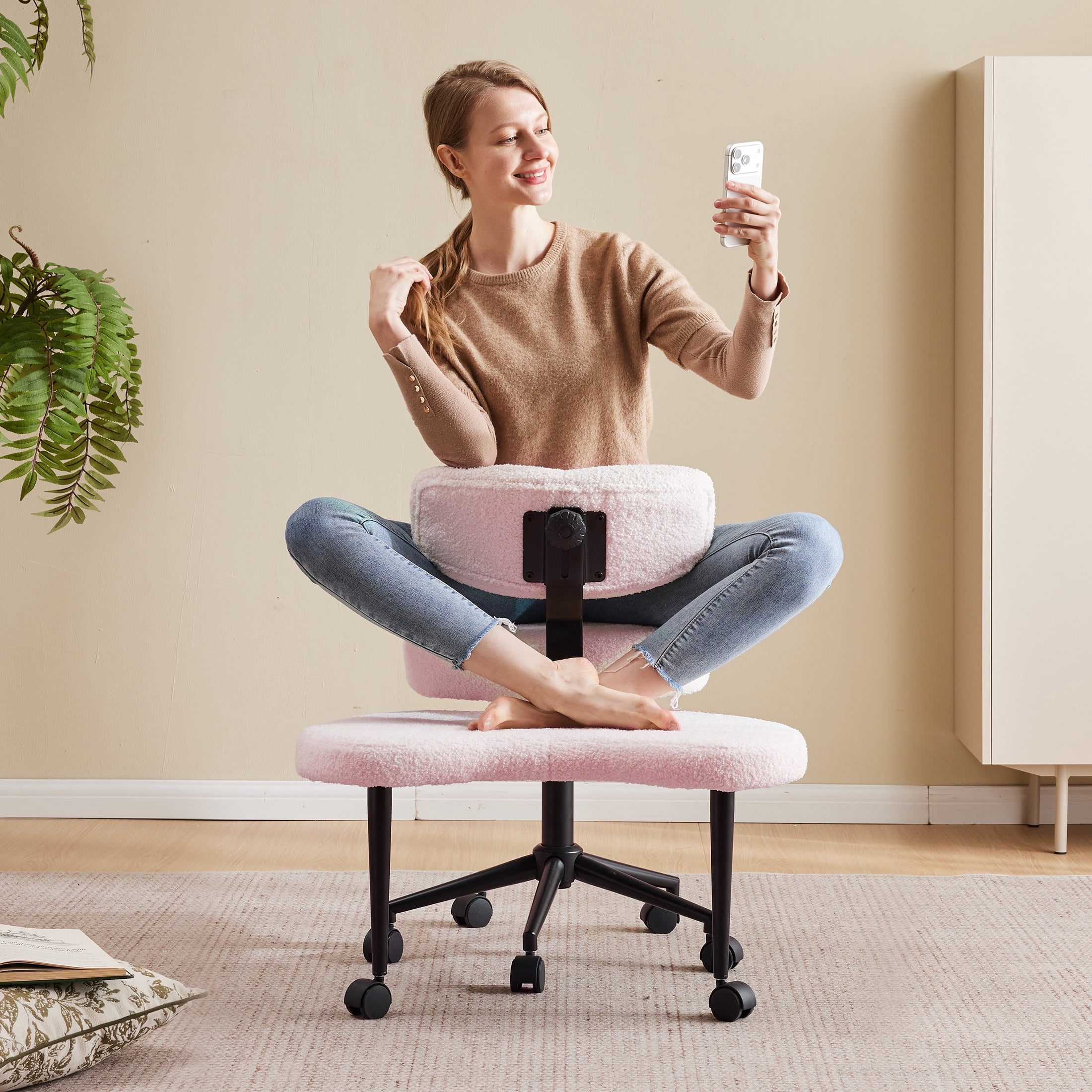 edx Ergonomic Cross Legged Swivel Chair with Back Support, Adjustable Height Meditation Chair, 360° Rotating Footrest, Rolling Office Floor Chair, Pink