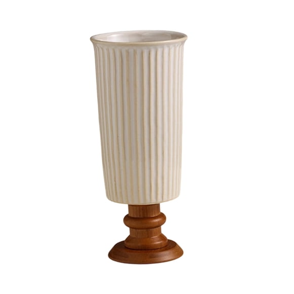Florero con base de madera, jarrón de porcelana, escritorio, diseño francés elegante, pieza de colección. Líneas verticales