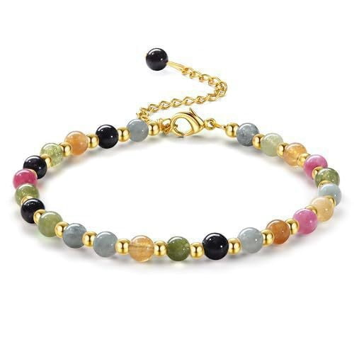 Faty-T Natural Genuine Gemstone Faceted Round Beads Bracelets, 6mm Adjustable Stretchy Tiny Faceted Black Tourmaline Bracelet, Healing Crystal Reiki Chakra Dainty Jewelry Fashion Gifts