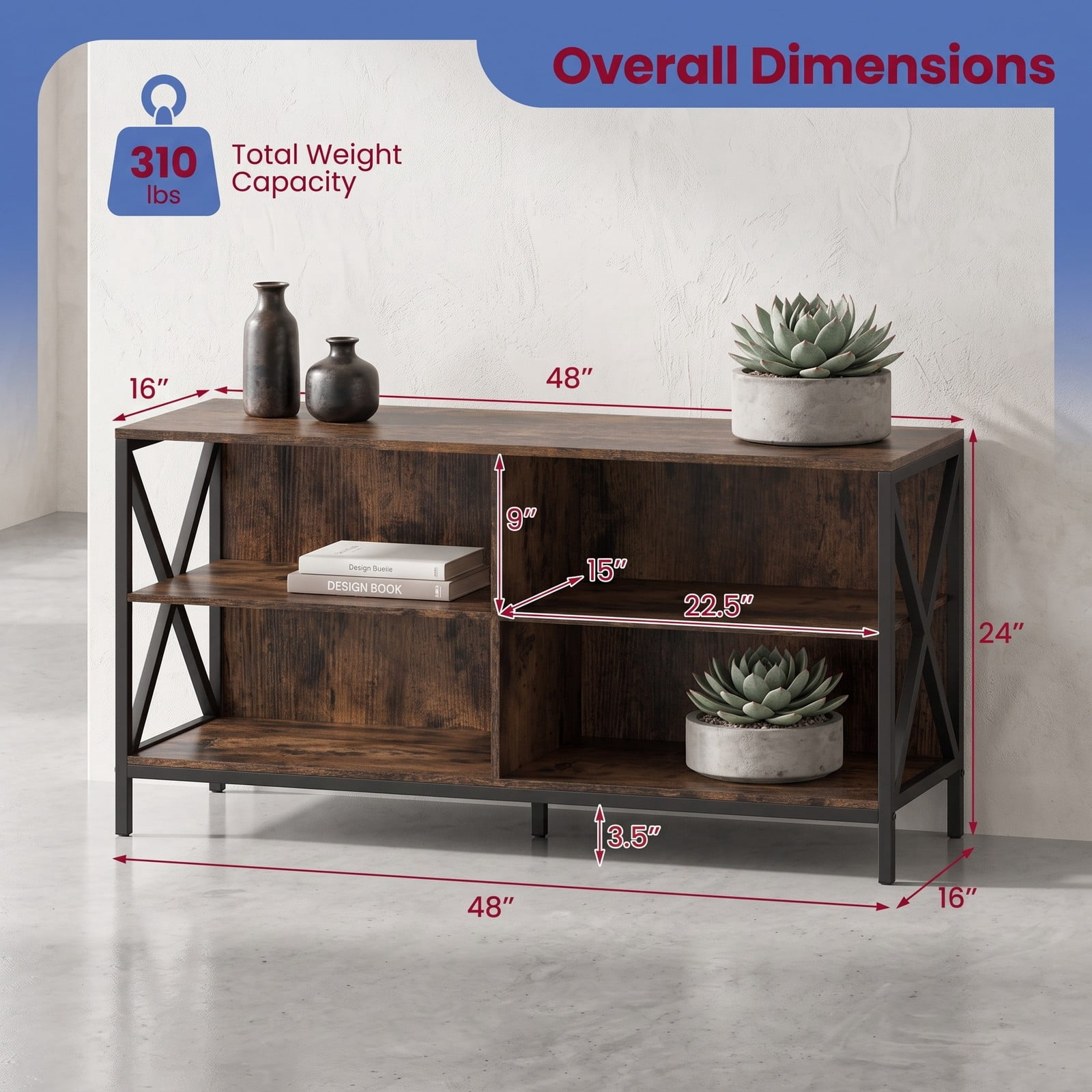 Furnibear Wooden TV Stand Entertainment Center for TVs up to 55 Inch, X-Shaped Metal Frame Media Console with Open Storage Shelves for Living Room, Rustic Brown & Black