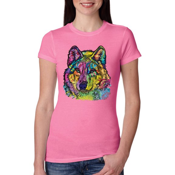 Colorful Majestic Neon Atric Wolf | Dean Russo Art Animal Lover Womens Slim Fit Junior Tee, Hot Pink, XL