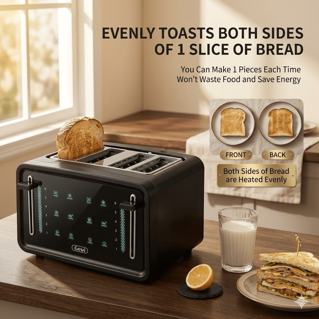 Gevi 4-Slice Stainless Steel Toaster with LED Touch Screen, Dual Control Panels & 6 Browning Settings, Black