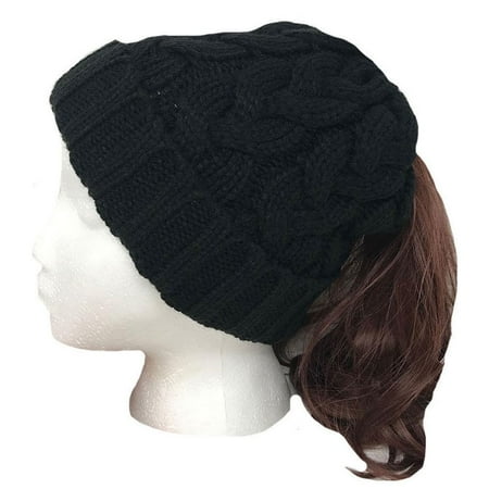 - Casaba Womens Ponytail Hair Bun Hole Cuffed Beanie Toboggan Cap Hat Warm Knitted