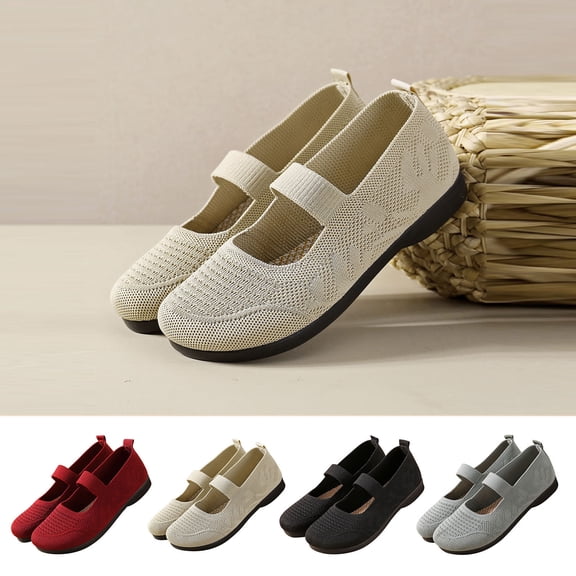 Taqqpue Knit Flats for Women Square Toe Flats Casual Ballet Flats with Ankle Strap, Business Office Work Dress Shoes Mary Jane Shoes Women Comfortable for Dressy Office