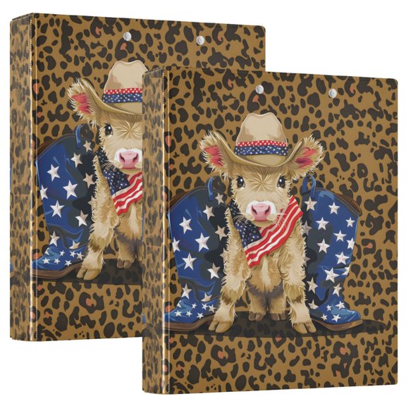 joogoo Highland Cow Leopard Hardcover 3 Ring Binder 1.5" Round Rings Interior Pockets Binders Organizer 2 Pack