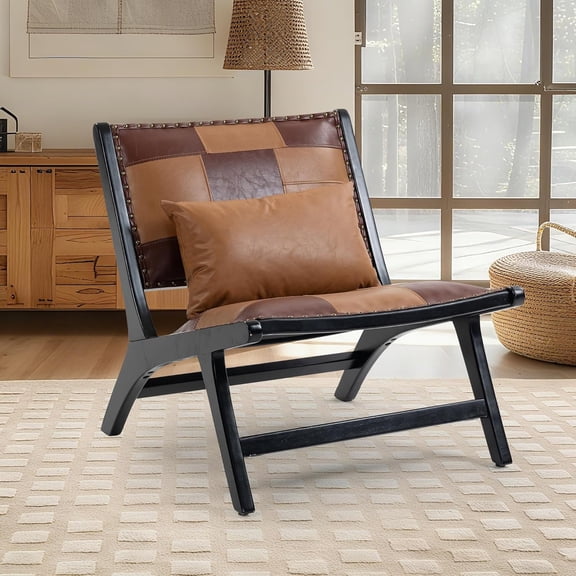 LQLI Accent Chair, Modern Comfy Genuine Leather Armless Accent Chairs,Mid-Century , Lounge Arm Chair with Solid Wood, Floral Pattern Sofa Chair for Living Room/Balcony/Bedroom