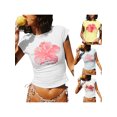 thumbnail image 2 of Suagox Women's Summer Slim Crop Tops Floral Print Pattern Cap Sleeve Round Neck Show Navel Tops Streetwear, 2 of 10