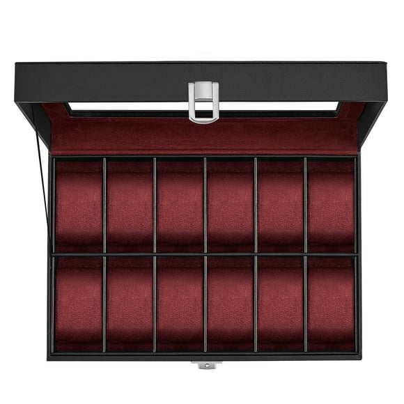 SONGMICS Watch Box, 12-Slot Watch Case, Watch Box Organizer, Black Synthetic Leather, Wine Red Lining