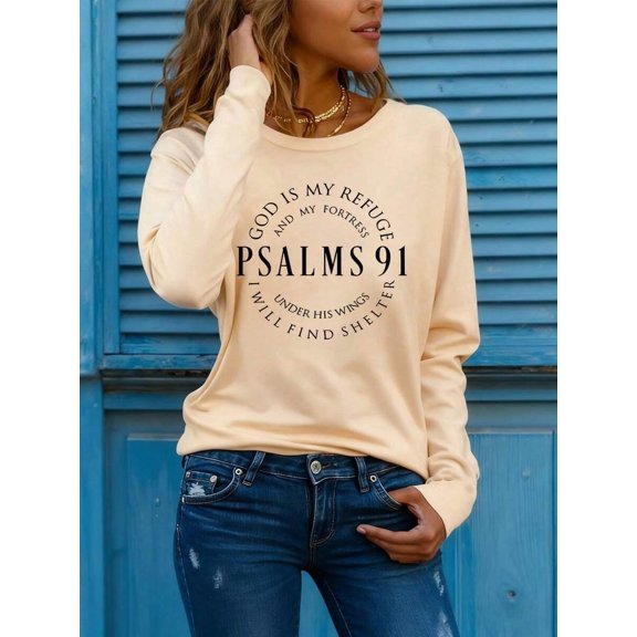 Long Sleeve Top,Bible Psalms Letter Printed Round Neck Long Sleeve T-Shirt Fall Cloth For Women