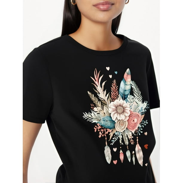 Flirty Flower & Feather Print Womens T-Shirt - Stylish Short Sleeve Crew Neck for Spring & Summer - Lightweight, Breathable, Fashion-Forward Clothing Tee For Adult, Men, Women, Teen, Teenager, Adoles
