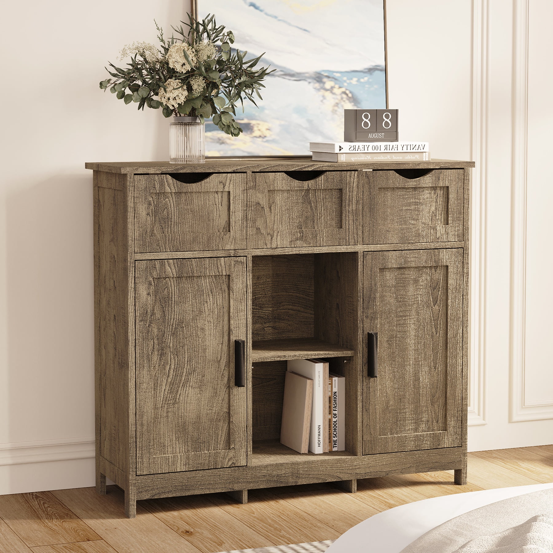PORKISS Grey Floor Storage Cabinet, Wood Accent Cabinet with Drawers and Adjustable Shelves Storage, Modern Pantry Cabinet for Kitchen, Bathroom, Living Room