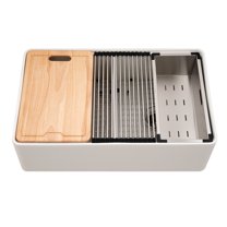 Houzer Aspire 33 in Matte White Fireclay Apron Front Farmhouse 50/50 Double Bowl Workstation Sink with Accessories - PTW-3320SD MWH