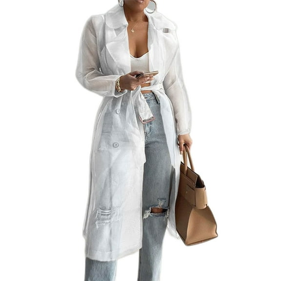 SDFGTstore Transparent Mesh Sheer Jackets Thin Long Sleeve Long Outwears Women Button Down Beachwear Coats with Belt