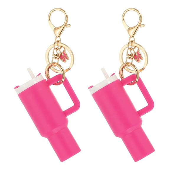 Uxcell Mini Cup Keychain, 2Pcs Mini Tumbler Keychain Lip Balm Holder Cute Cup Charm for Women Handbags Backpack, Rose Red Butterfly
