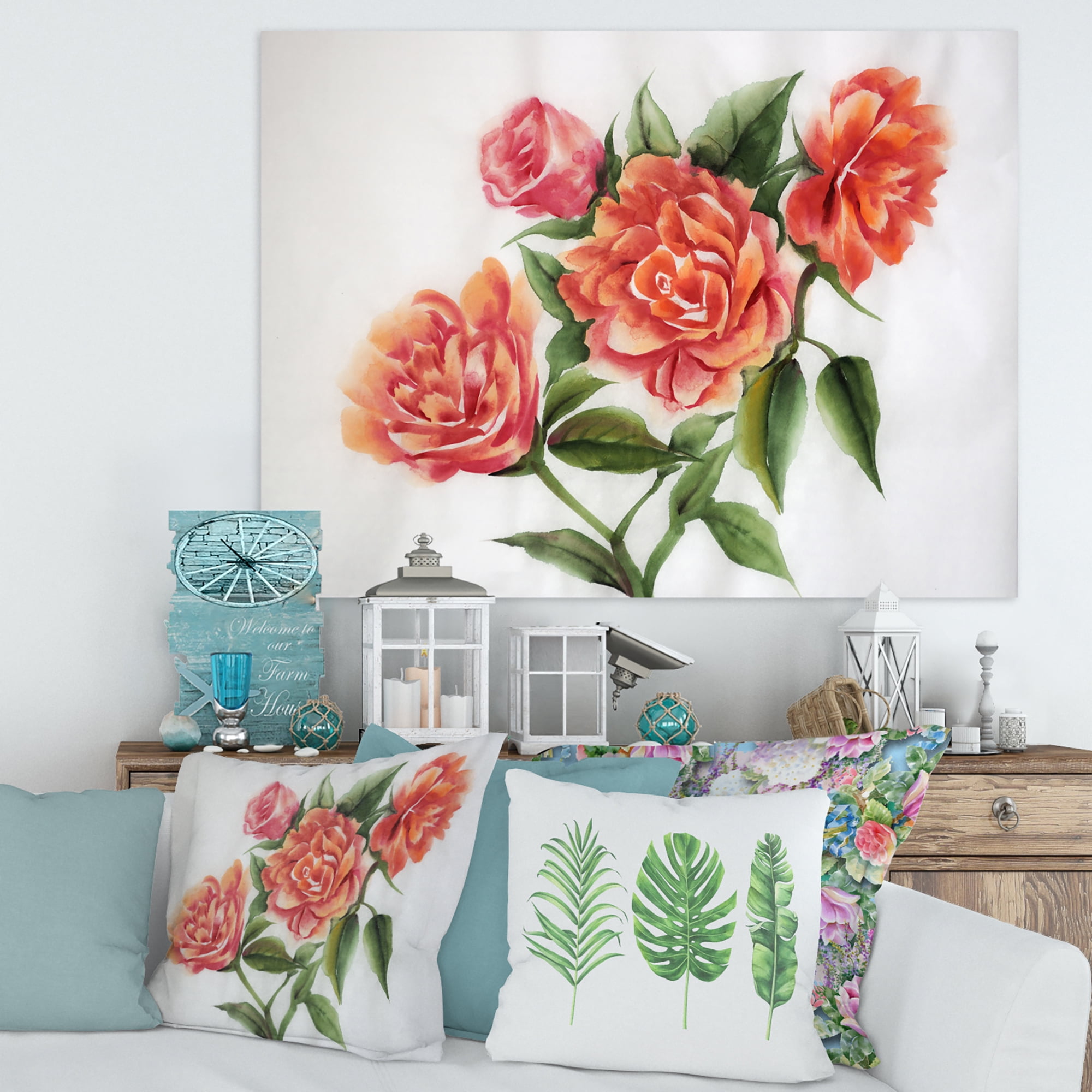 Designart ' Orange VIntage Roses With Green Leaves ' Traditional Canvas Wall Art Print
