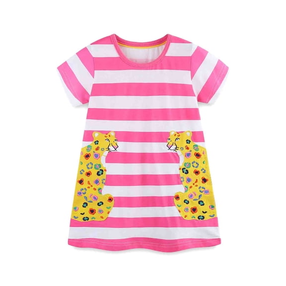 Glisme Fashion Girls Dresses Size 1-2 Y Toddler Cotton Summer Short Sleeve Dress Cartoon Print Casual Jerey Dress Pink Sundress For Girl