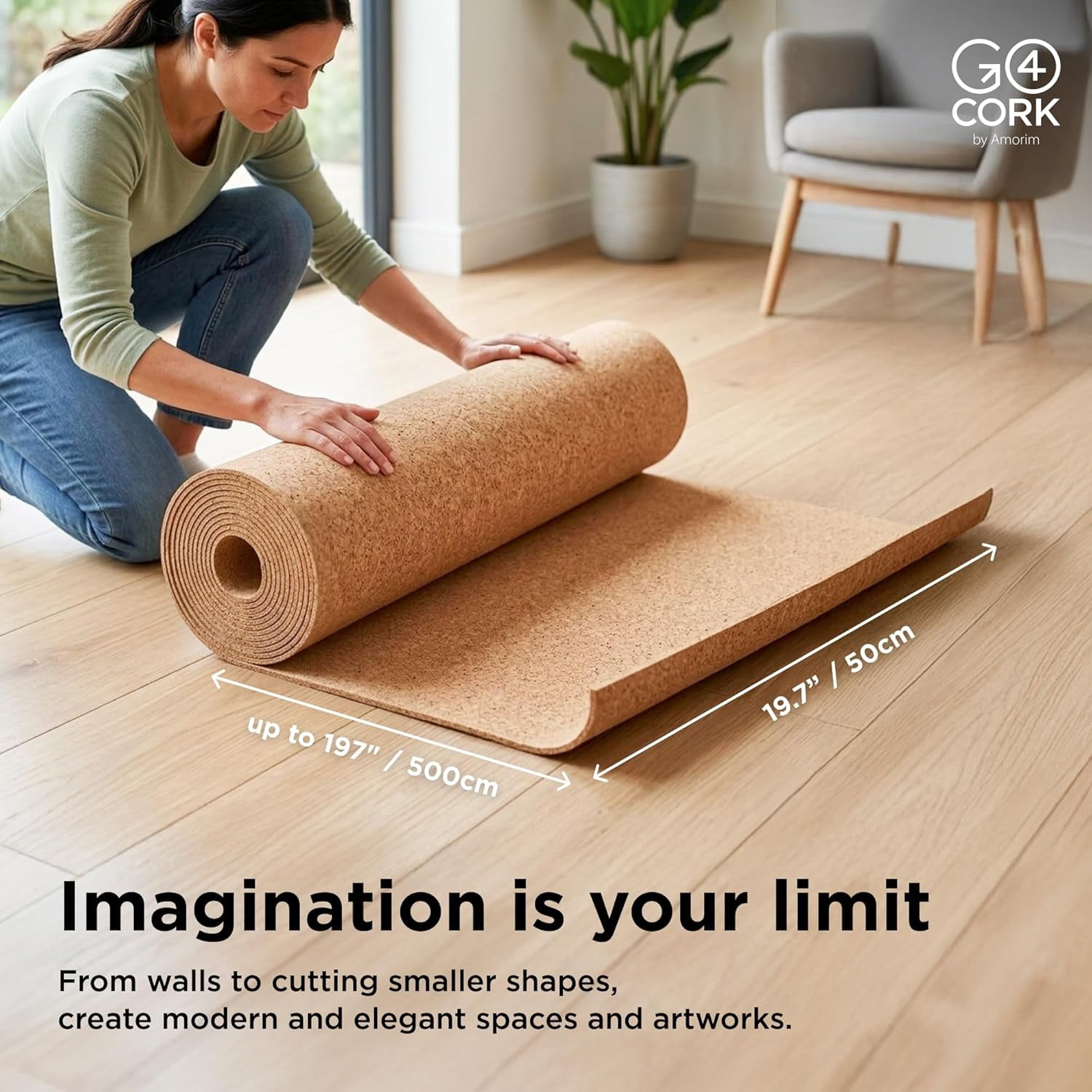 Go4Cork Large Cork Roll - 19.7" x 16.4' x 1/8" | Natural Colour | Premium Non-Slip Double-Sided Eco Cork Roll | Arts & Crafts, Home, Classroom, Office