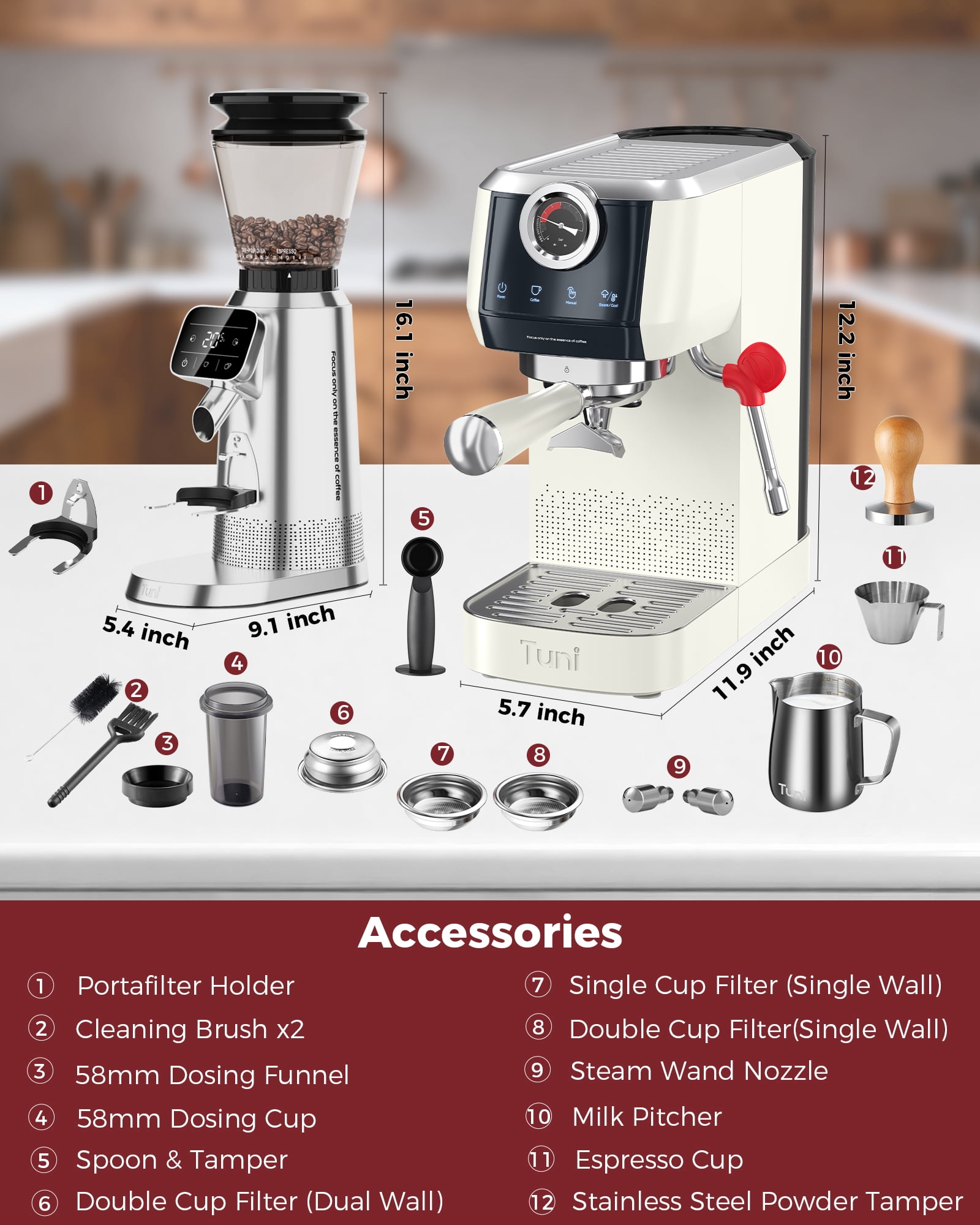 Tuni E2 20Bar Dual Boiler Espresso Machine with G2 70 Grinding Settings Conical Burr Coffee Grinder (Silver) Combo Set | Professional Home Barista Kit