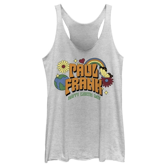 Women's Paul Frank Vintage Happy Earth Day Racerback Tank Top White Heather 2X Large