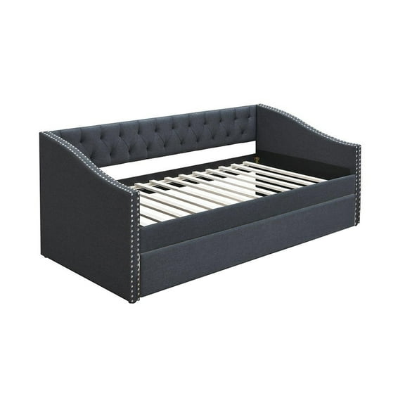 Daybed Sofa w Slats n Trundle Bed, Nailhead Trim, Charcoal Gray Fabric