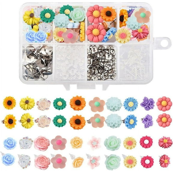 1Box DIY Stud Earring Making Kits with Resin Flower Cabochons Stud Earring Findings and Ear Nuts Mixed Color