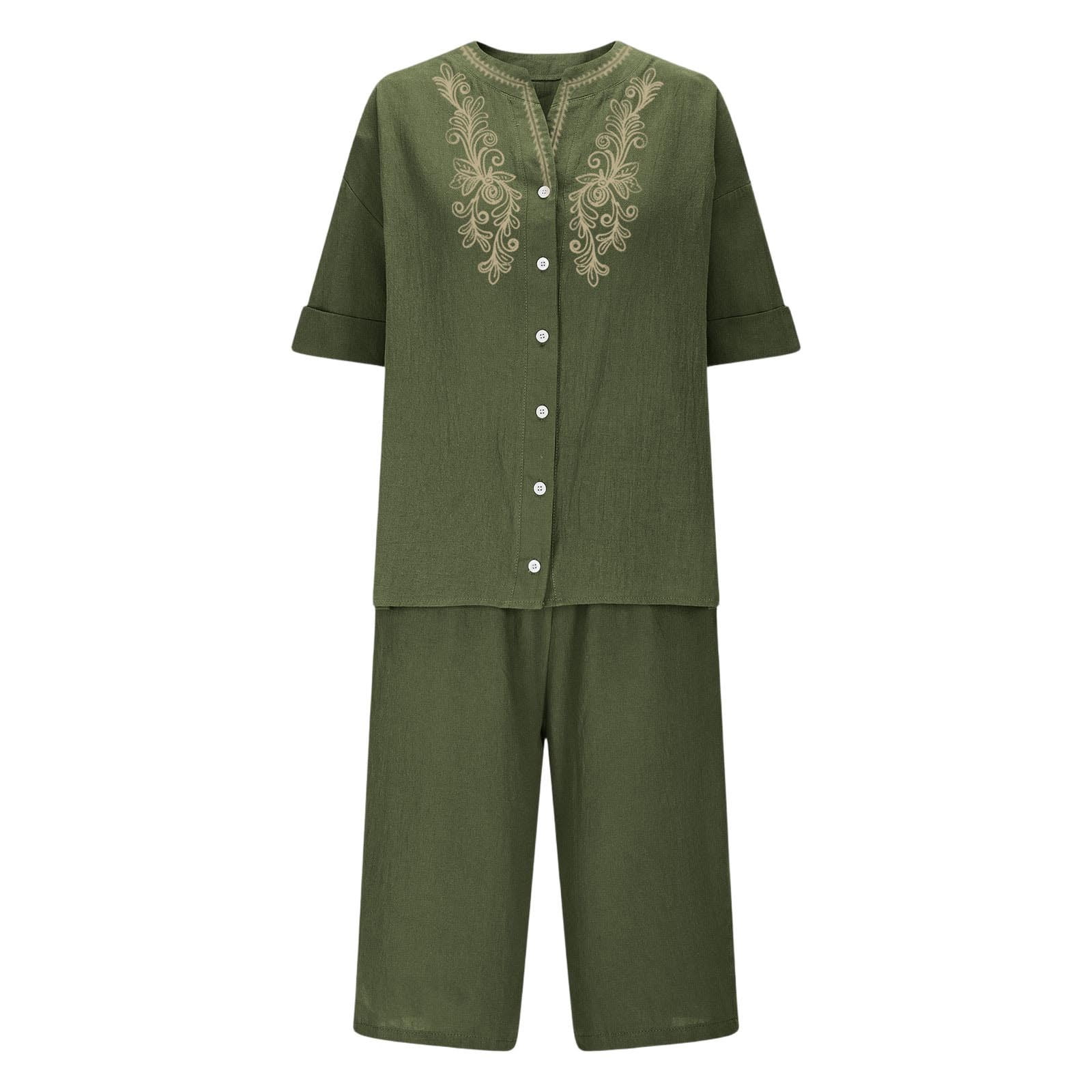 Womens 2 Piece Outfits Short Sleeve Cotton Linen Embroidered Shirts Wide Leg Capri Pants Matching Sets