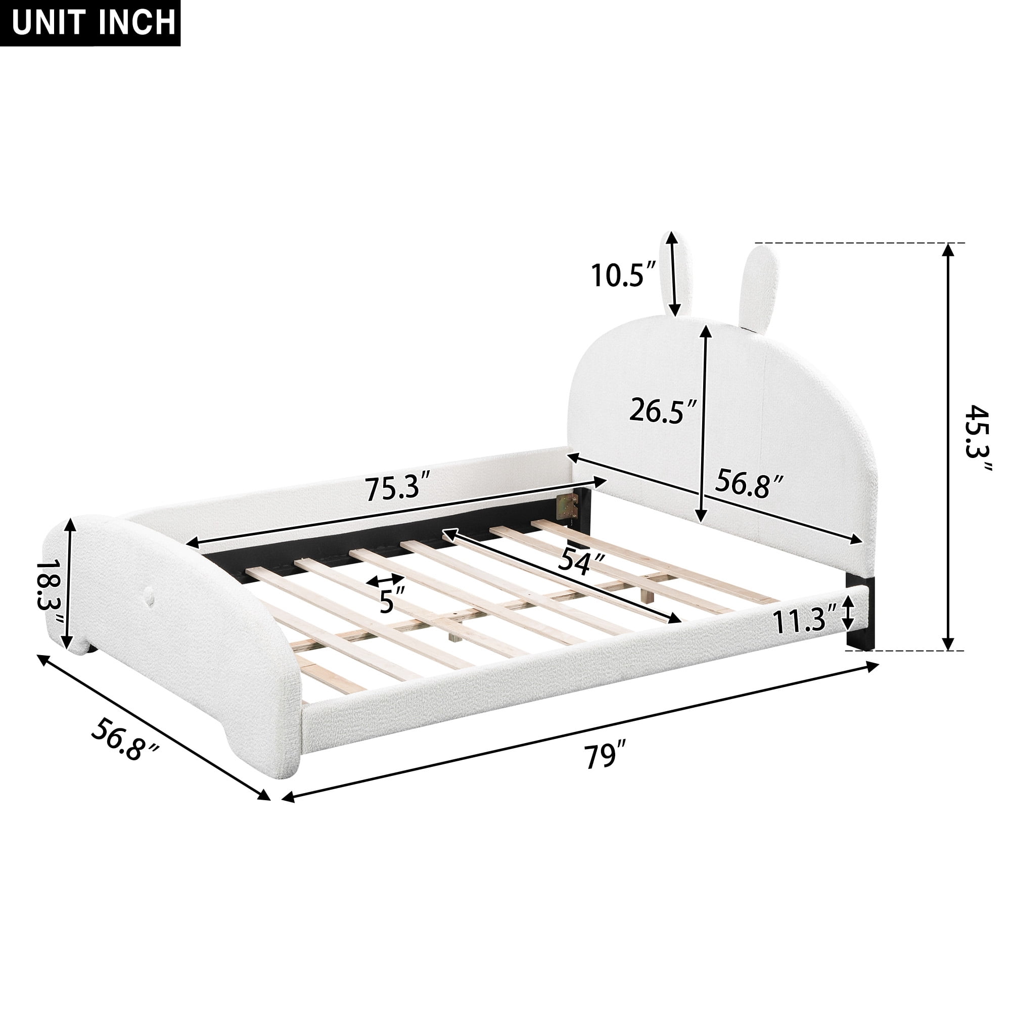 Aukfa Full Size Upholstered Platform Bed with Cartoon Bunny Ears Headboard for Kids Girls, White