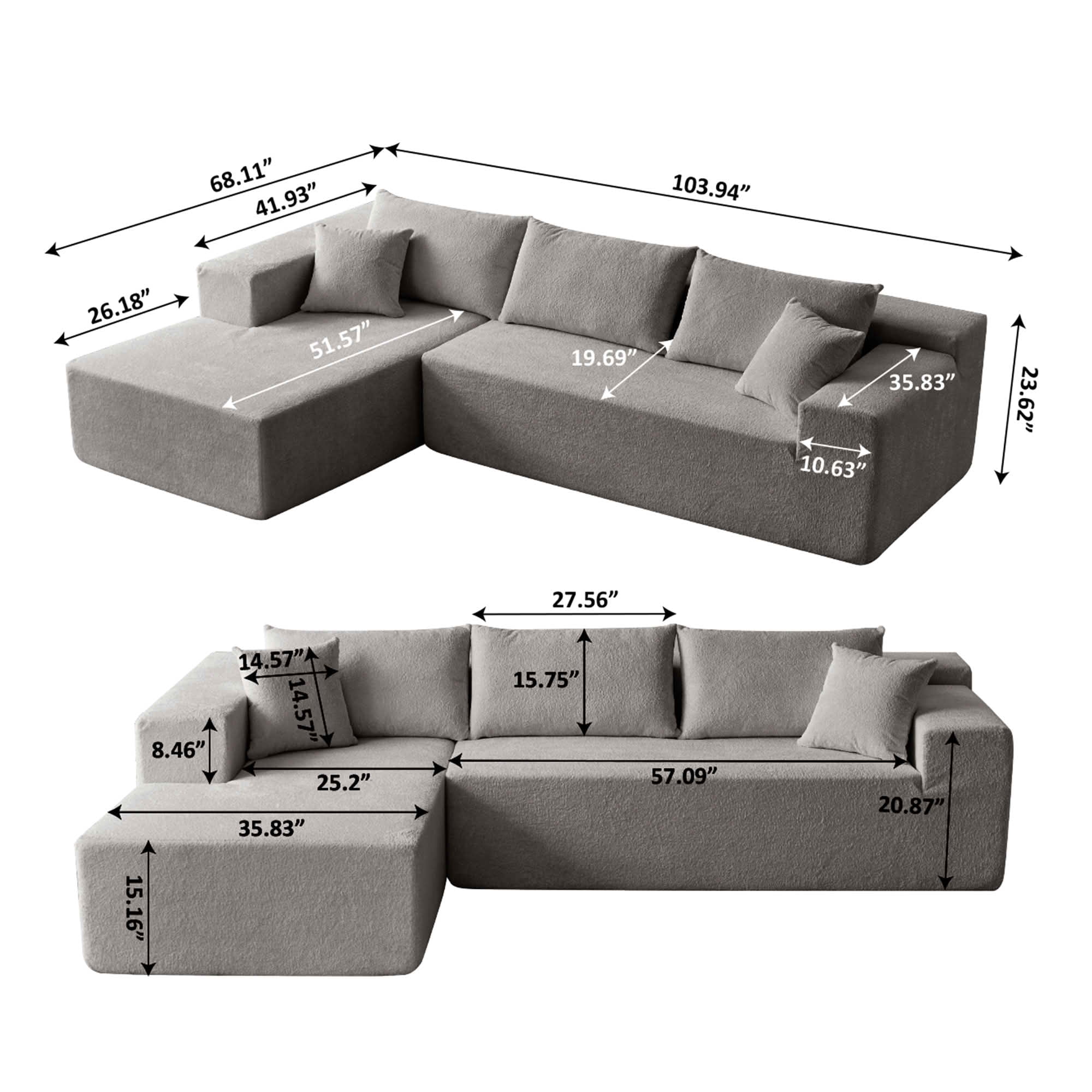 MAYEERTY 104" Cloud Sectional Couch with L-Shape Chaise, Modern Modular Sofa with Deep Seat, Upholstered Couches with Back Cushion for Living Room Bedroom, No Assembly Required