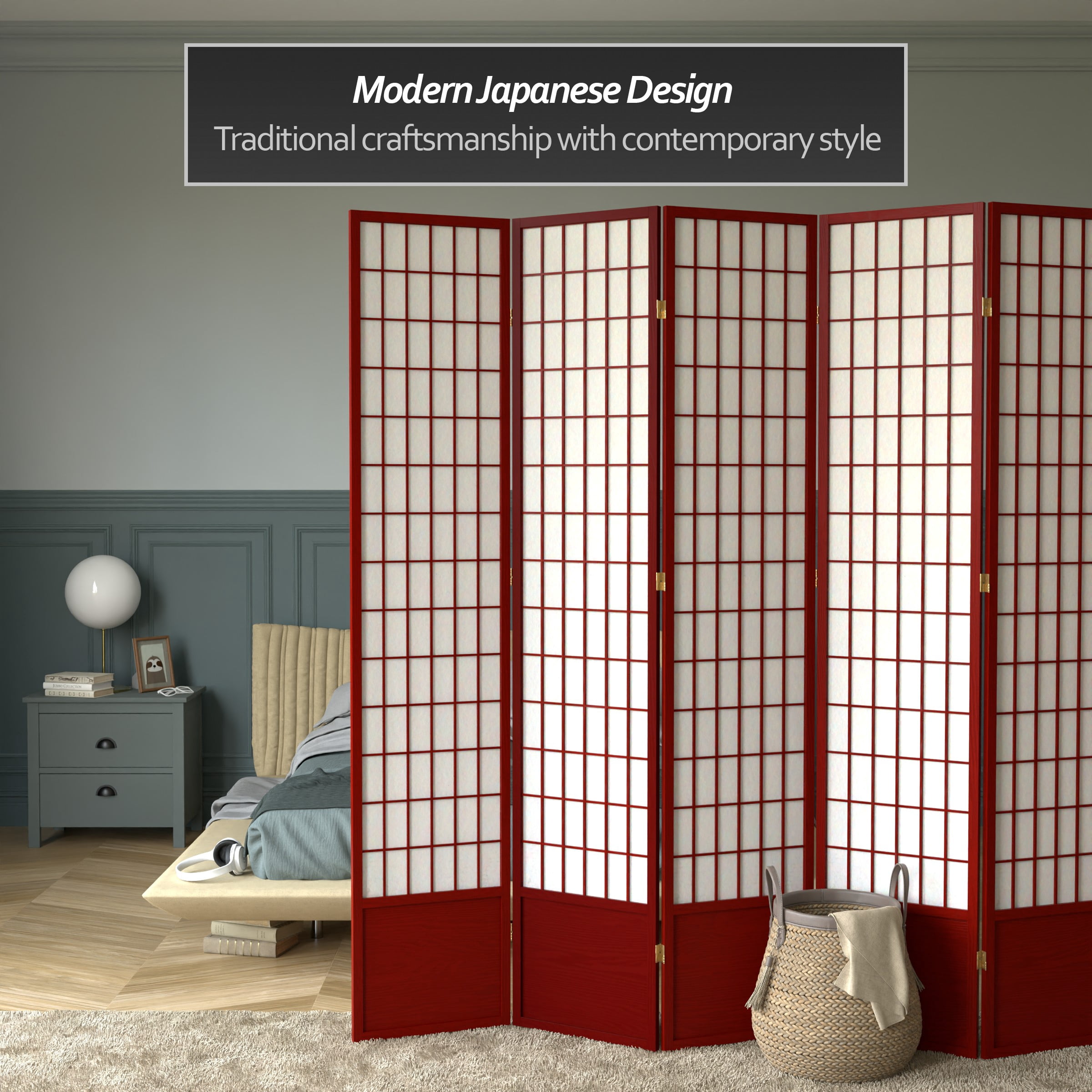 Red Lantern 7 ft. Tall Window Pane Shoji Screen - Rosewood - 8 Panels