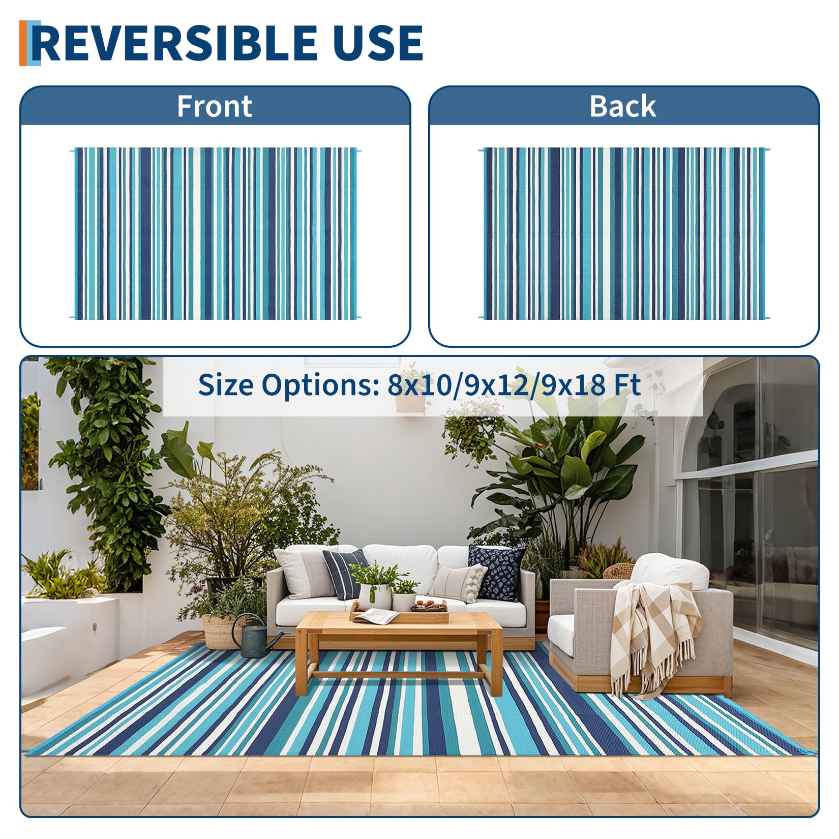 HIWEAVER 9' x 12' Light Blue Outdoor Rug PP Plastic Straw Woven Waterproof Patio Rug with Border Portable Outside Carpet for Balcony Deck Picnic Garden Decor
