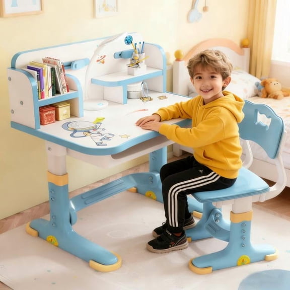 YNCE Kids Desk and Chair Set Adjustable Height, Toddler Study Table Kids Table and Chairs with Storage and Drawers for Writing Reading Drawing