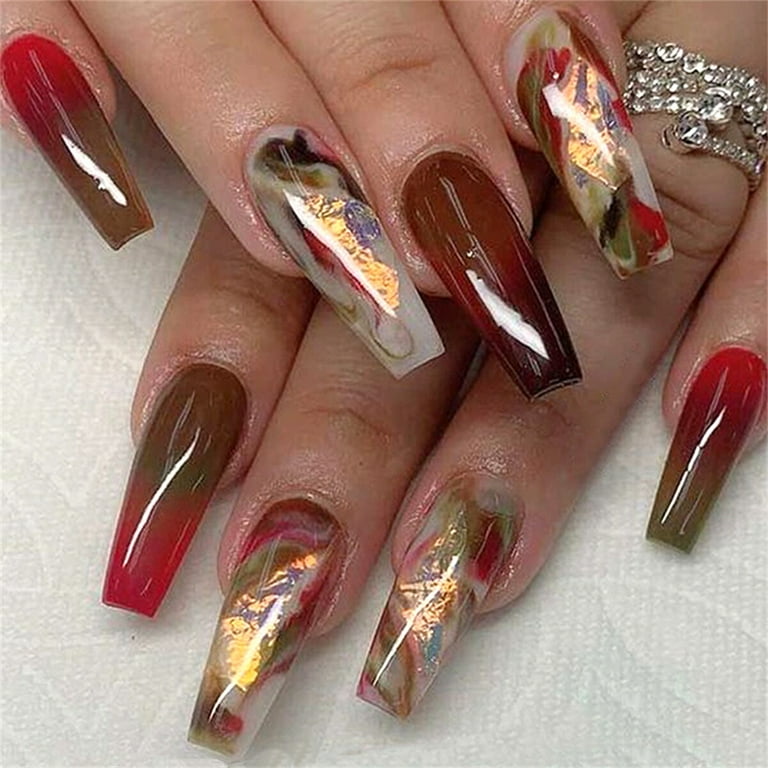 Fofosbeauty 24pcs Press on Nails 2024 Fake Nails Coffin Tips Design Coffin Burgundy Smudge Walmart