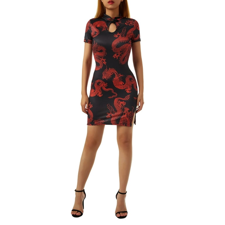 Women Cheongsam Dress Frog Button Chinese Traditional Short Qipao Side Slit