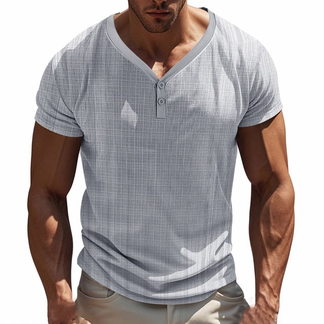 pstuiky camisetas para hombre, Camisa de manga corta con cuello en V y ventilación con botones de color liso para hombre camisetas de hombre s