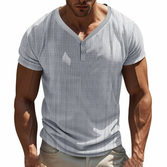 Men's Casual V Neck T-Shirt Henley Shirt Quick Dry Short Sleeve Men's Casual Imitation Cotton and Linen Summer T-Shirt